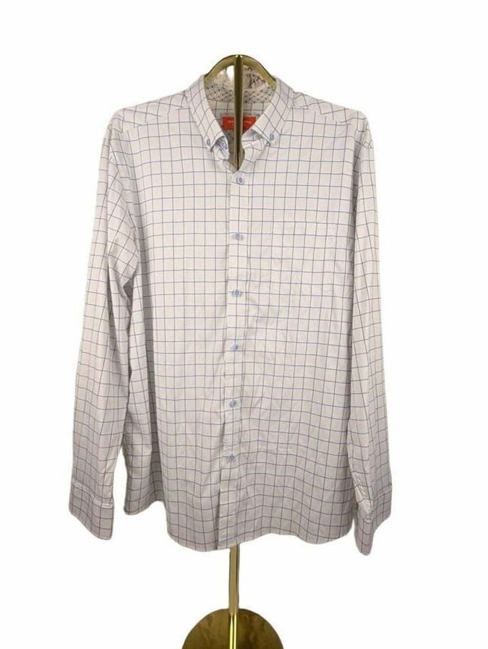 Johnston & Murphy Performance White and Blue Grid Windowpane Long Sleeve Button